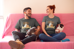 roomies wearing Them Fine People t-shirts sitting on couch with their cats